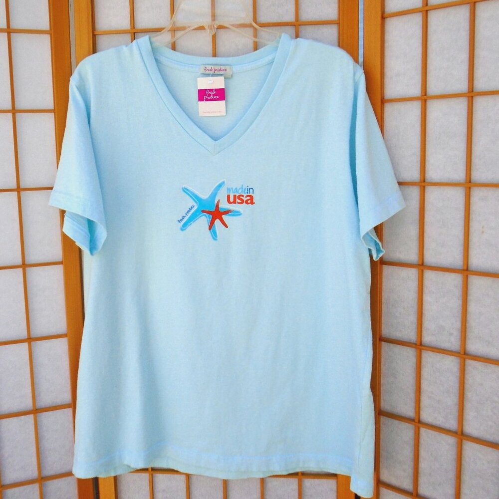 nwt FRESH PRODUCE 45” bust 'Limited Edition' V-neck Tee Slylight blue classic